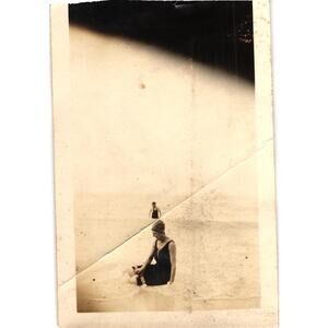 Vintage 1922 Beach Photo Woman at‎ Gulf Coast Sitting in Water Bathing Suit